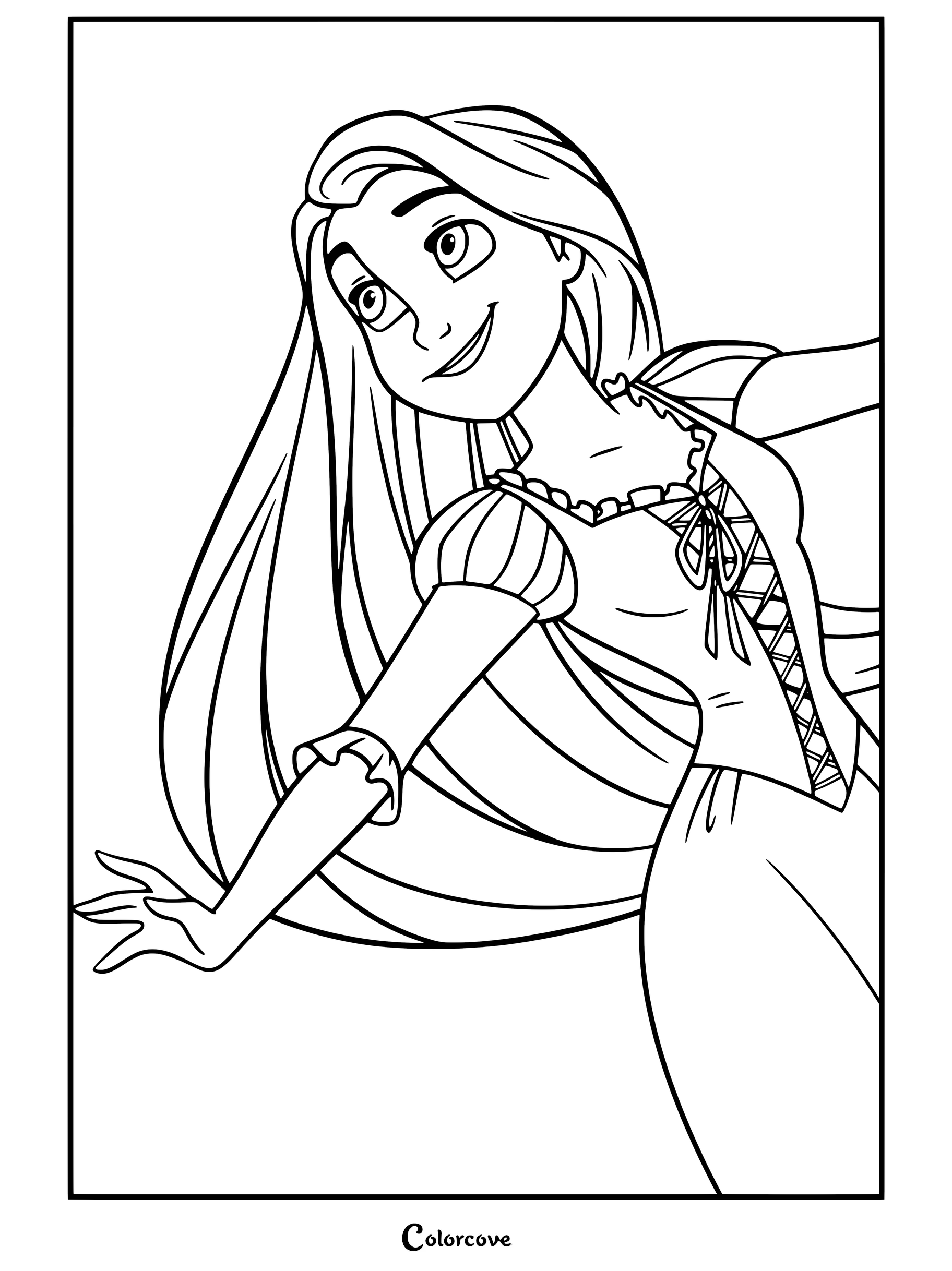 Coloriage de Raiponce présentant Raiponce avec de longs cheveux blonds portant une robe corset violette, souriant joyeusement sur un fond circulaire bleu clair.