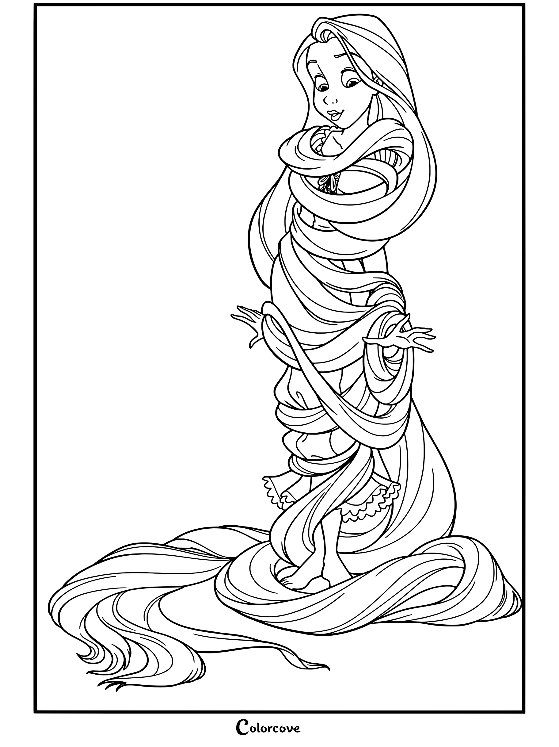 Coloriage de Raiponce présentant Raiponce enveloppée dans ses longs cheveux dorés, portant une robe violette et pieds nus.