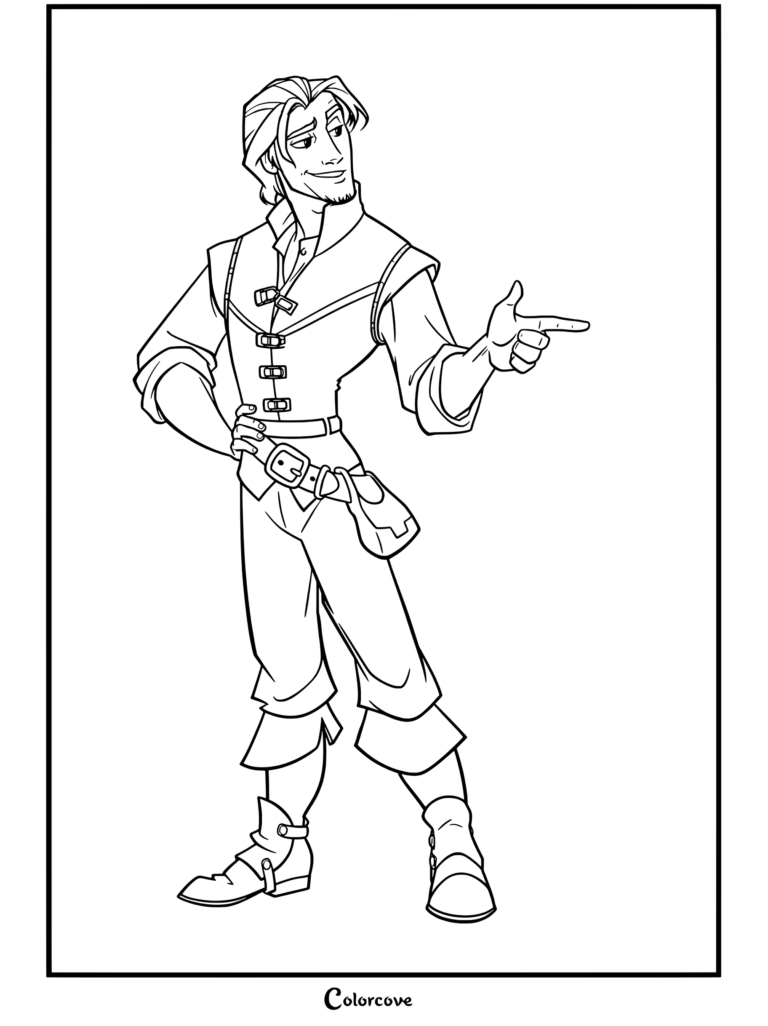 Flynn Rider se tenant avec un sourire en coin, pointant du doigt, portant un gilet sarcelle et des bottes marron, coloriage de Raiponce pour enfants