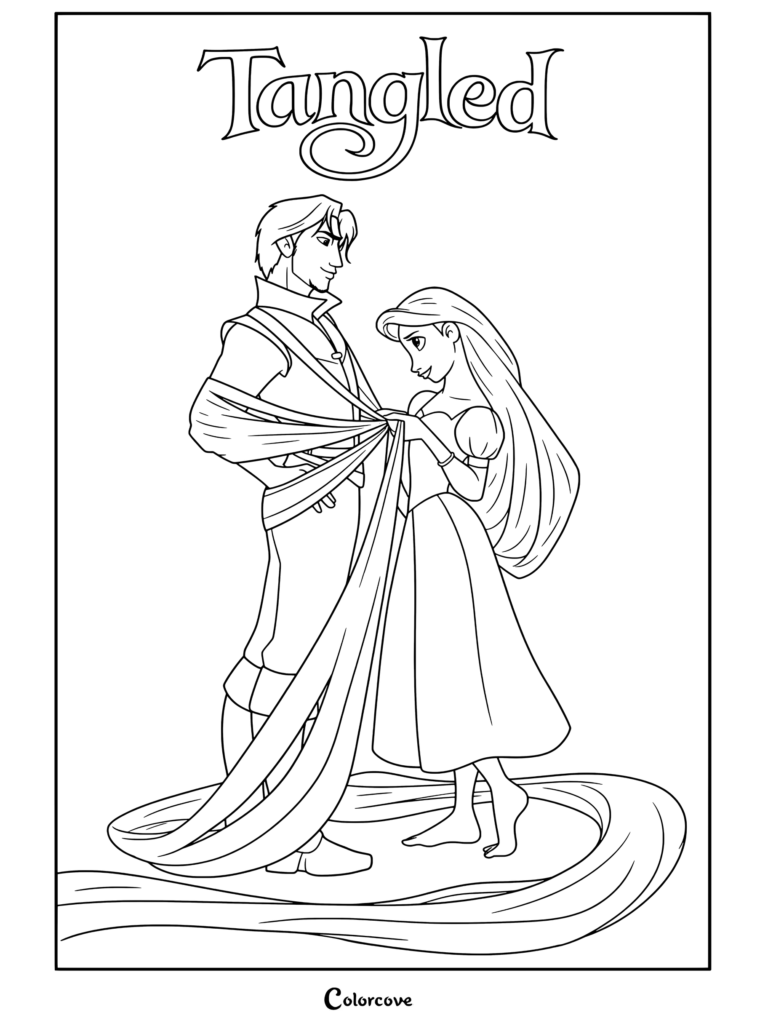 Coloriage de Raiponce présentant Raiponce enroulant Flynn Rider dans ses longs cheveux dorés tout en lui souriant.