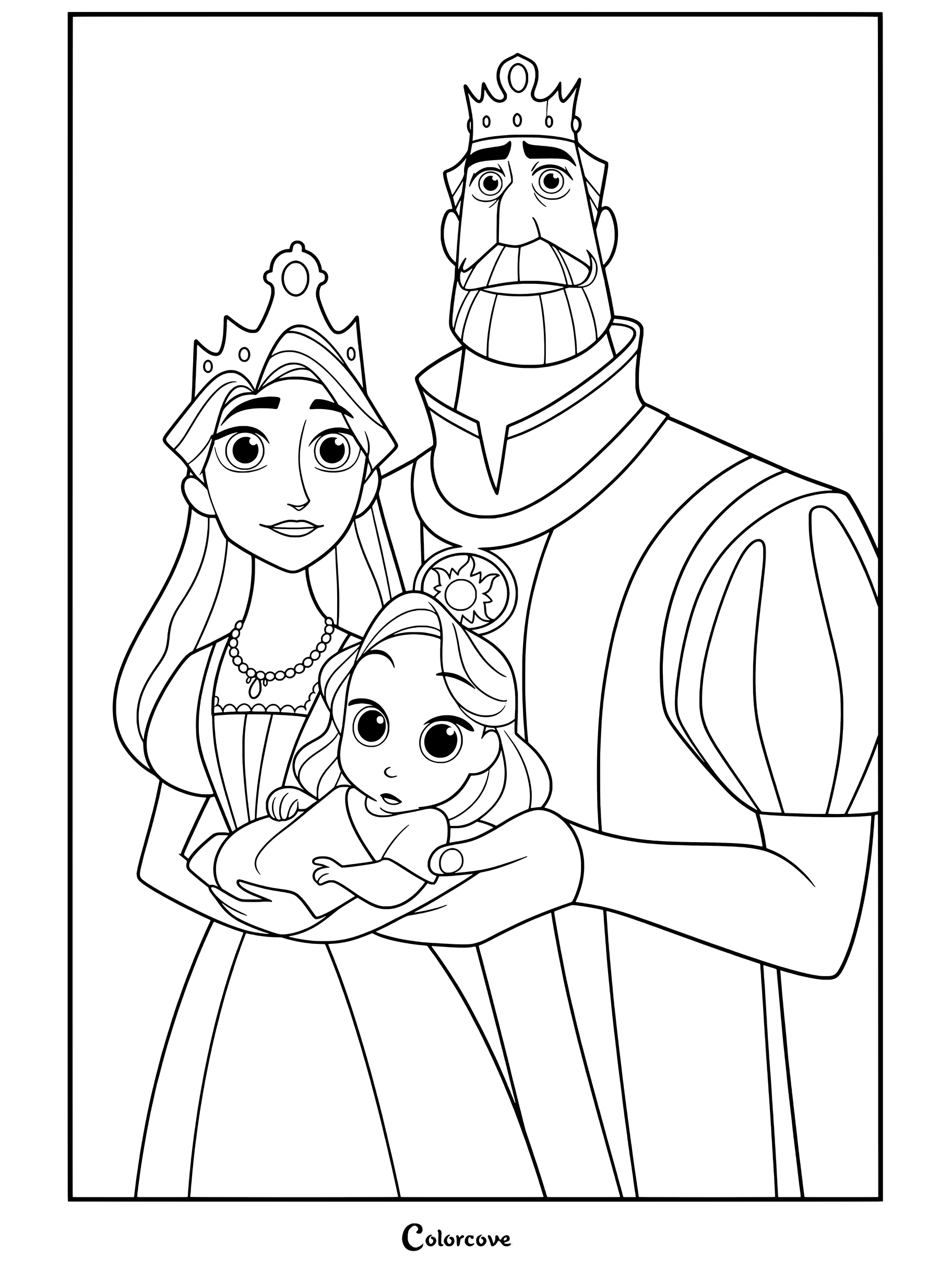 Portrait de la famille royale du roi Frederic, de la reine Arianna et de bébé Raiponce, coloriage de Raiponce