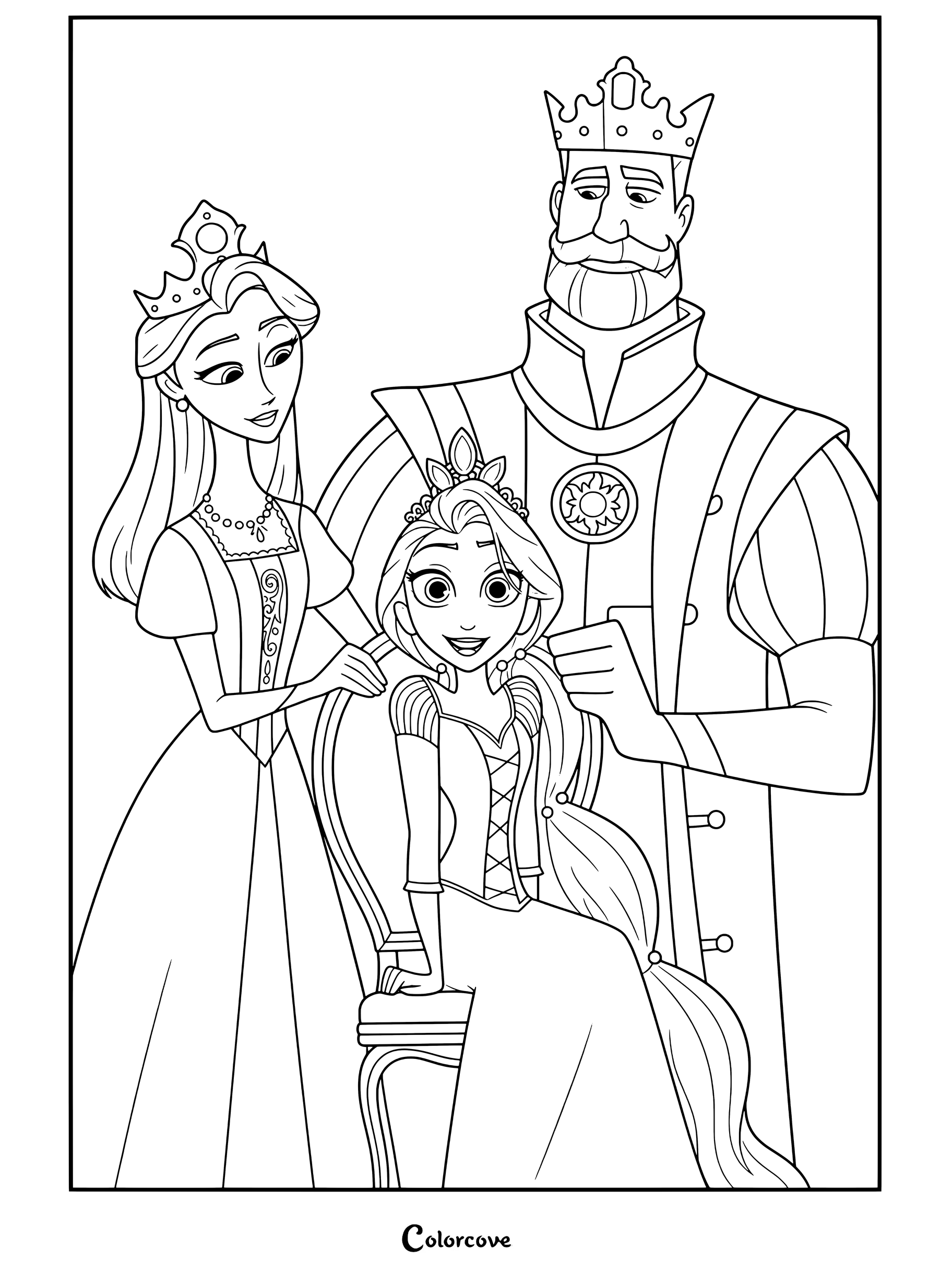 Portrait de la famille royale du roi Frederic, de la reine Arianna et de la princesse Raiponce, coloriage tiré de Raiponce