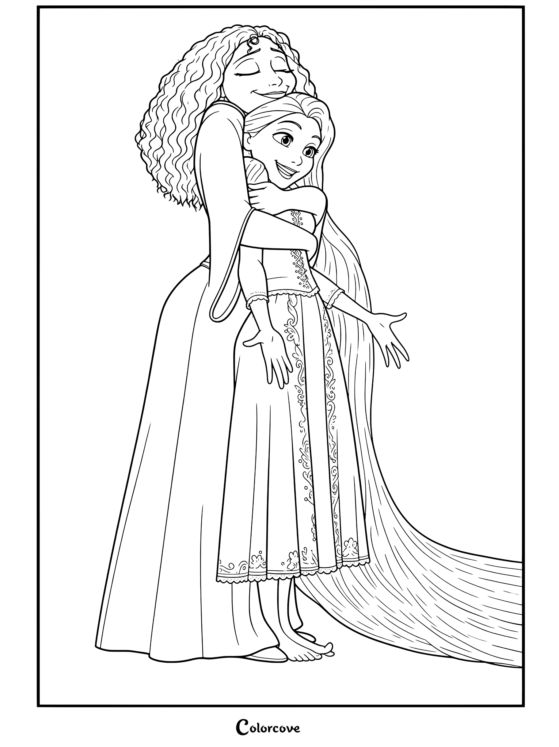 Mère Gothel serrant Raiponce dans ses bras tout en tenant ses longs cheveux blonds, coloriage tiré de Raiponce