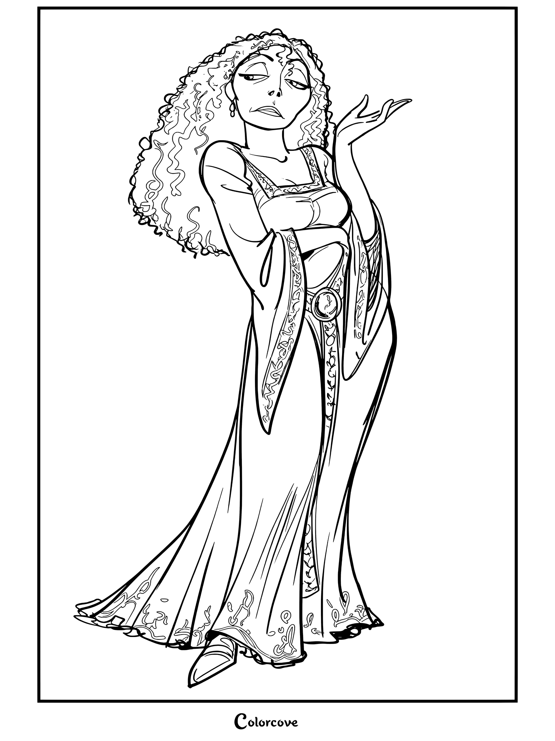 Mère Gothel de Raiponce se tenant avec assurance avec de longs cheveux bruns bouclés et une robe rouge faisant un geste de mépris, coloriage