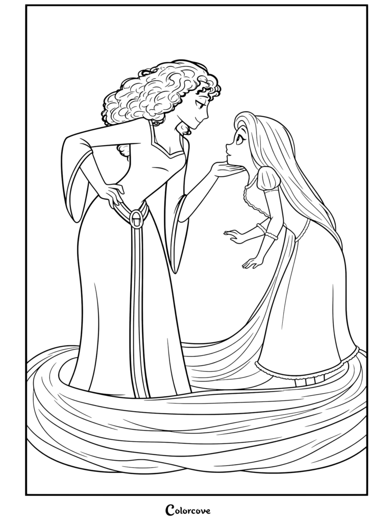 Mère Gothel tenant le menton de Ra, coloriage tiré de Raiponce