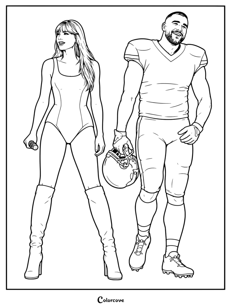 Dibujo para colorear de Taylor Swift sosteniendo un micrófono y Travis Kelce sosteniendo un casco de fútbol americano