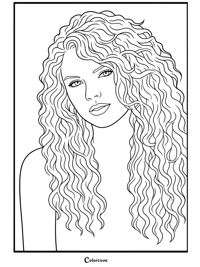 Dibujo para colorear del retrato de la portada del álbum debut de Taylor Swift con cabello rubio rizado que muestra su look característico.