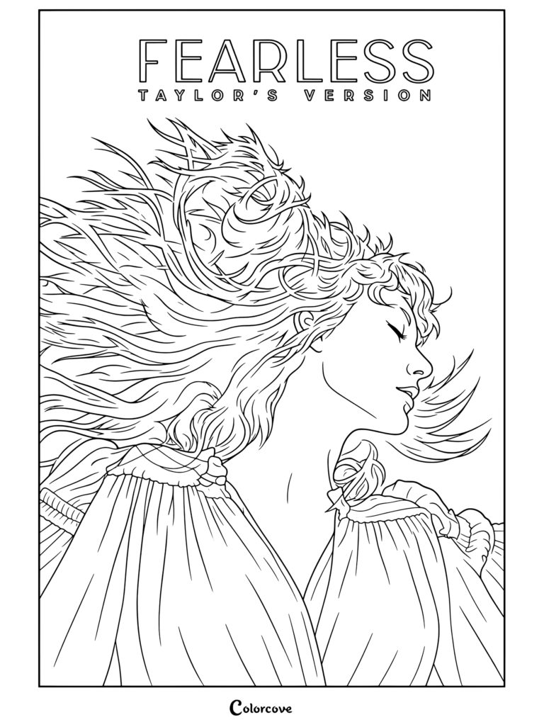 Dibujo para colorear de Taylor Swift de la portada del álbum Fearless (Taylor's Version) con cabello rubio al viento.