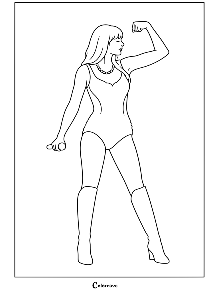 Dibujo para colorear de Taylor Swift flexionando el bíceps en el escenario durante The Eras Tour con un body brillante con joyas y botas plateadas.