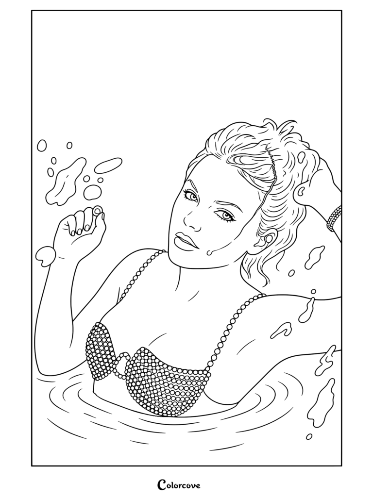 Dibujo para colorear de Taylor Swift flotando en agua azul brillante con un top verde brillante y la mano en el cabello
