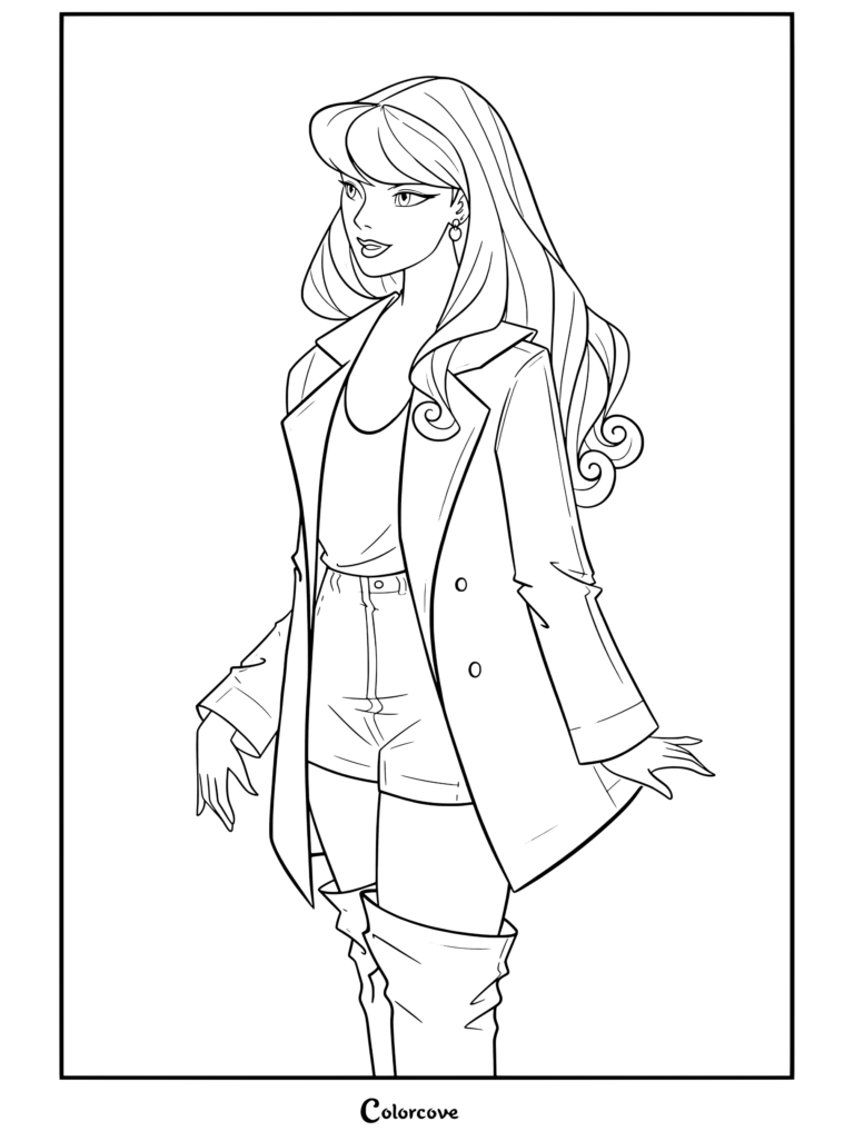 Dibujo para colorear imprimible gratis de Taylor Swift ilustrada al estilo de la era Midnights con un blazer blanco, pantalones cortos azules brillantes y cabello rubio.