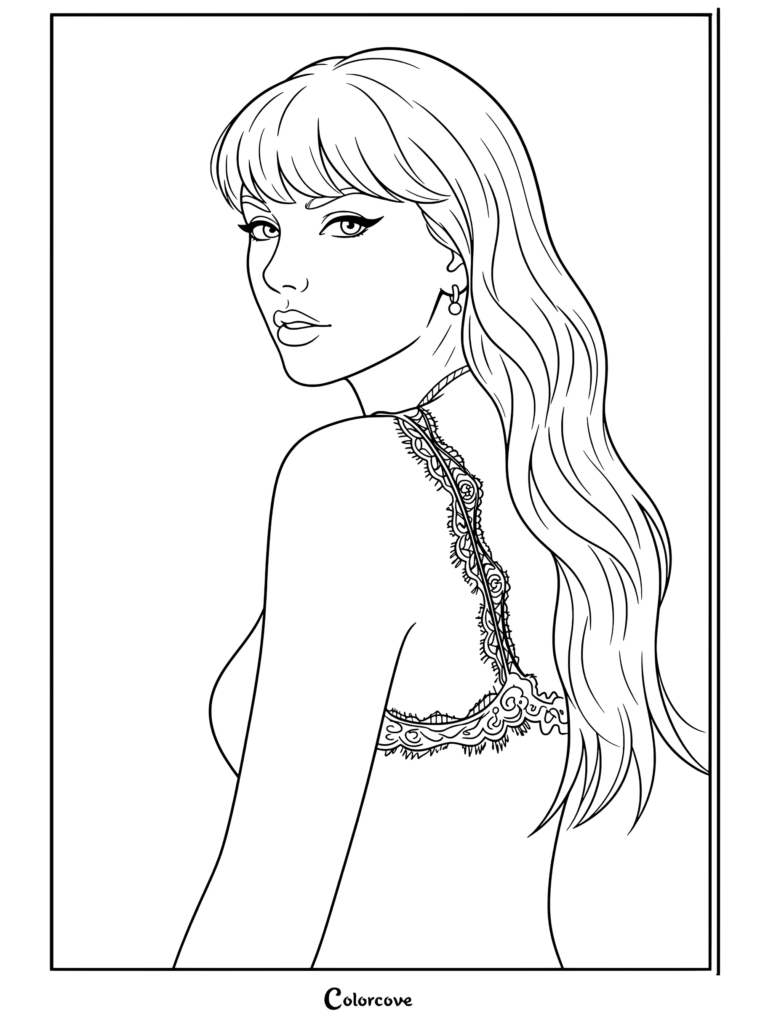Dibujo para colorear de retrato ilustrado de Taylor Swift con cabello rubio con flequillo y una camisola detallada de encaje negro.