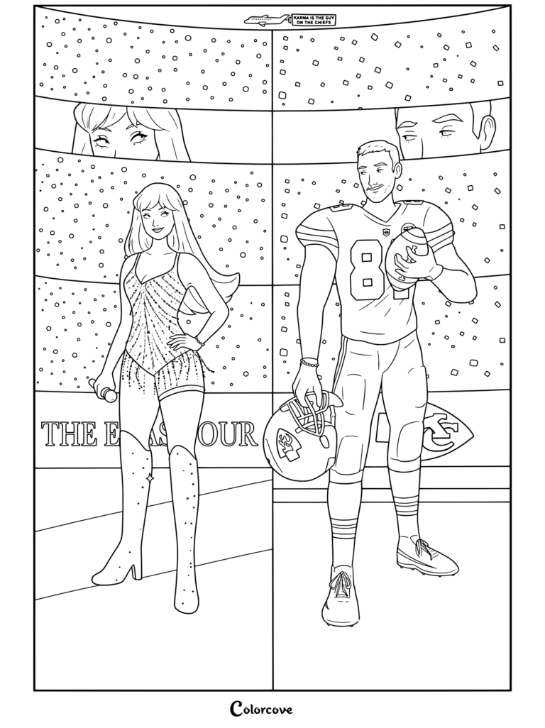 Dibujo para colorear imprimible de Taylor Swift con el atuendo de la era Midnights junto a Travis Kelce con el uniforme de los Chiefs sosteniendo un balón de fútbol americano y un casco.