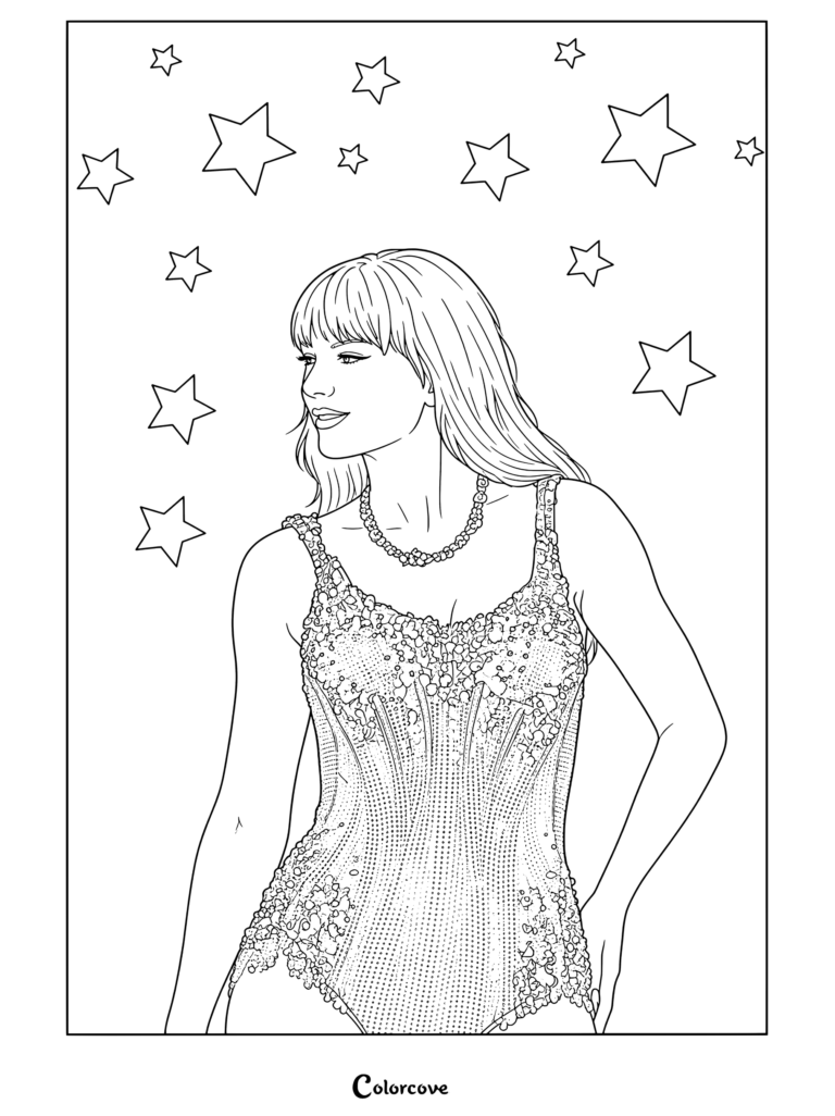 Dibujo para colorear de Taylor Swift actuando con un body de lentejuelas azules y rosas con un fondo brillante de noche estrellada