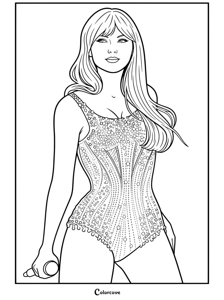 Dibujo para colorear para fans de Taylor Swift actuando con un body brillante de lentejuelas plateadas, flequillo y lápiz labial rojo