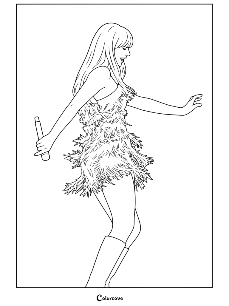 Dibujo para colorear de Taylor Swift actuando con un vestido de flecos dorados y botas mientras sostiene un micrófono durante the eras tour