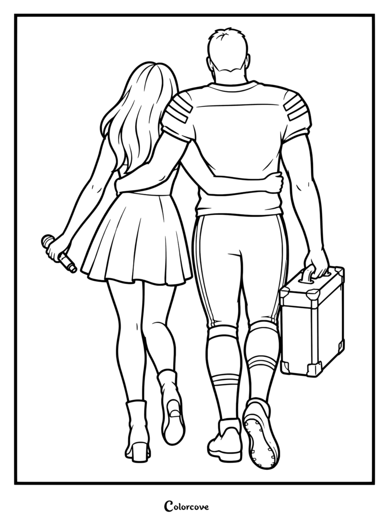 Dibujo para colorear de Taylor Swift y Travis Kelce alejándose con los brazos entrelazados.