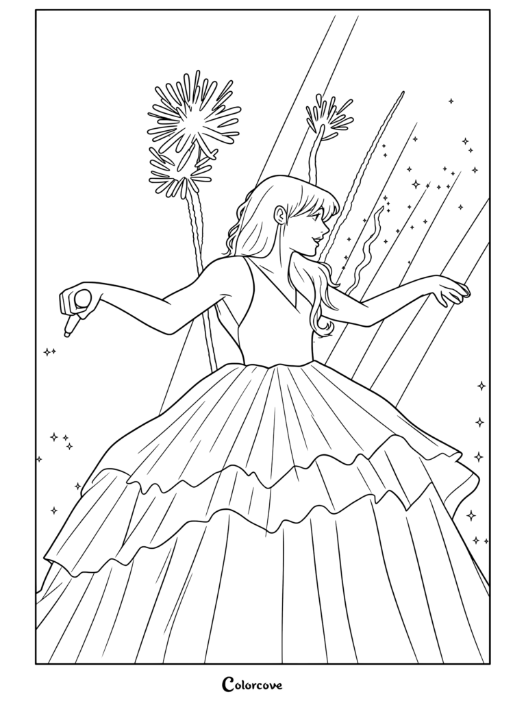 Dibujo para colorear de Taylor Swift actuando en un vestido de gala morado con brillos, fuegos artificiales y un micrófono en The Eras Tour.