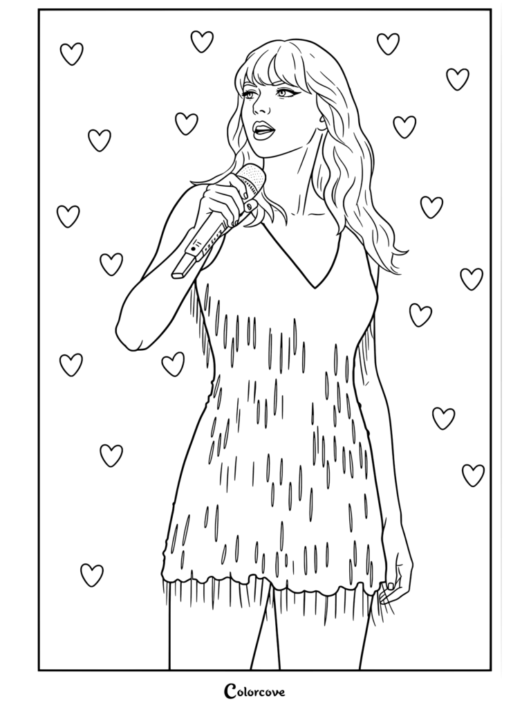 Dibujo para colorear de Taylor Swift actuando en un vestido brillante con flecos mientras sostiene un micrófono, rodeada de corazones.