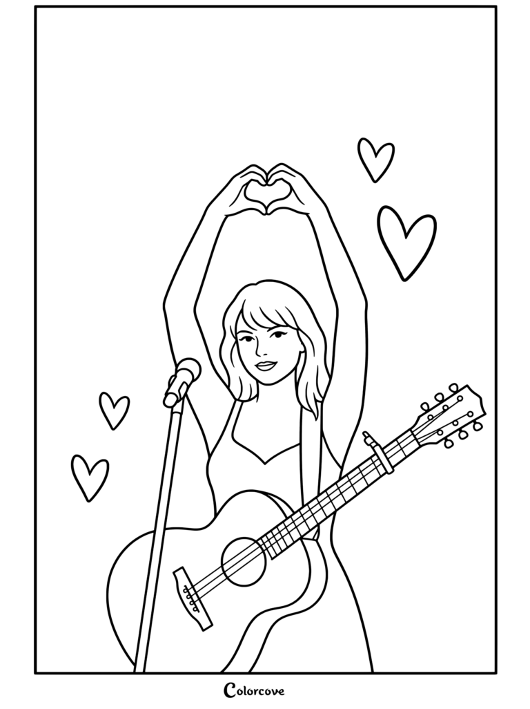 Dibujo para colorear de Taylor Swift actuando en el escenario haciendo manos en forma de corazón con una guitarra acústica brillante