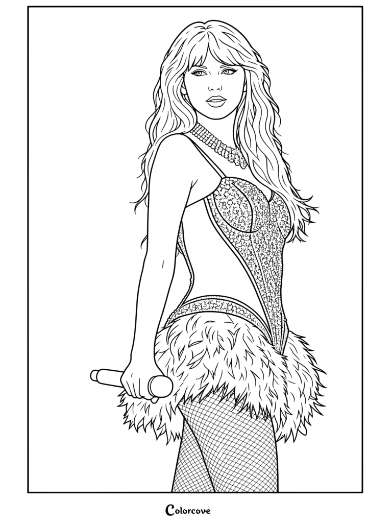 Dibujo para colorear de Taylor Swift actuando en el escenario con un corsé negro y plateado de lentejuelas y falda de plumas mientras sostiene un micrófono