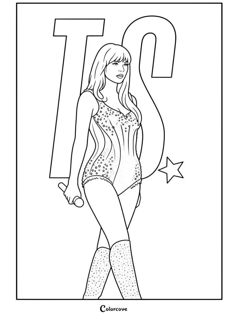 Dibujo para colorear de Taylor Swift actuando en el escenario con un body brillante con joyas y botas brillantes, sosteniendo un micrófono morado con un gran brillo rosa