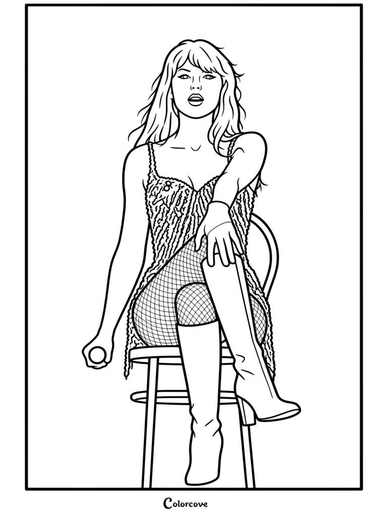 Dibujo para colorear de Taylor Swift actuando sobre un taburete con un body y botas azul oscuro brillante de la era midnights en the eras tour