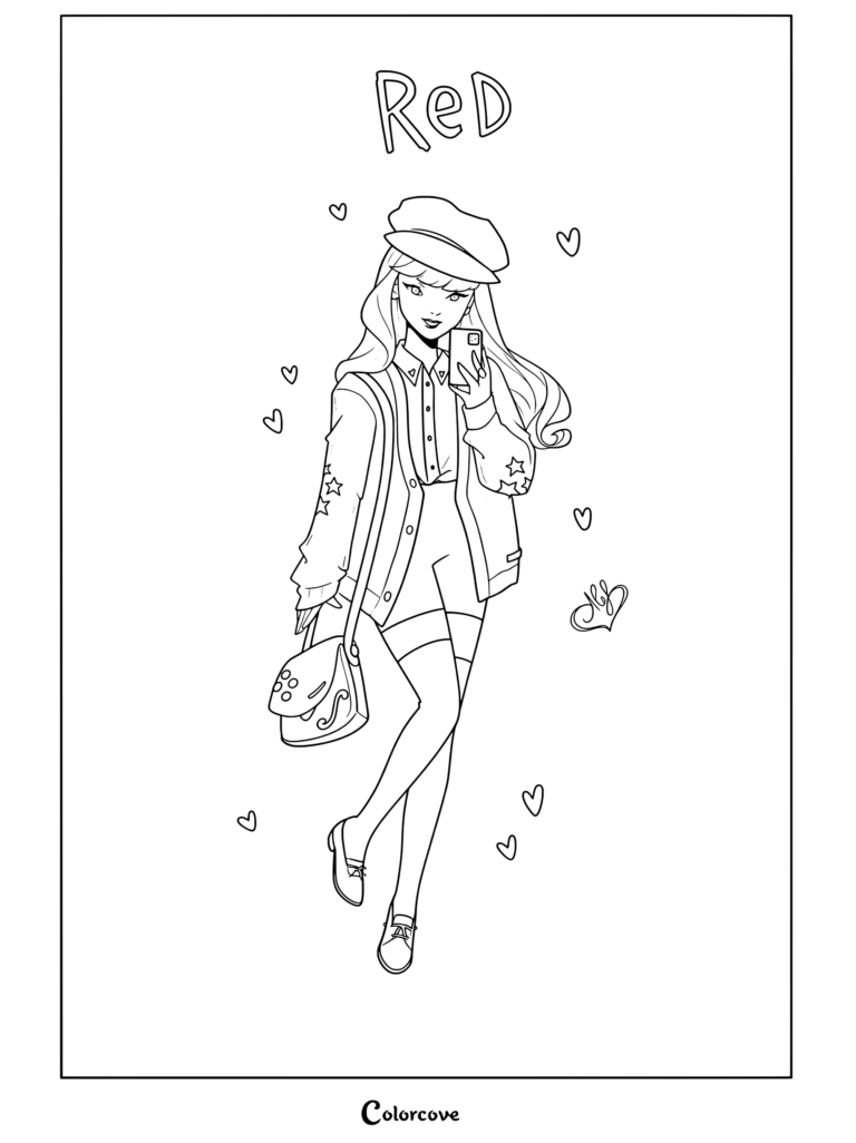 Dibujo para colorear de Taylor Swift de la era del álbum Red con moda ilustrada, vistiendo un cárdigan crema con estrellas, boina y sosteniendo un teléfono rojo