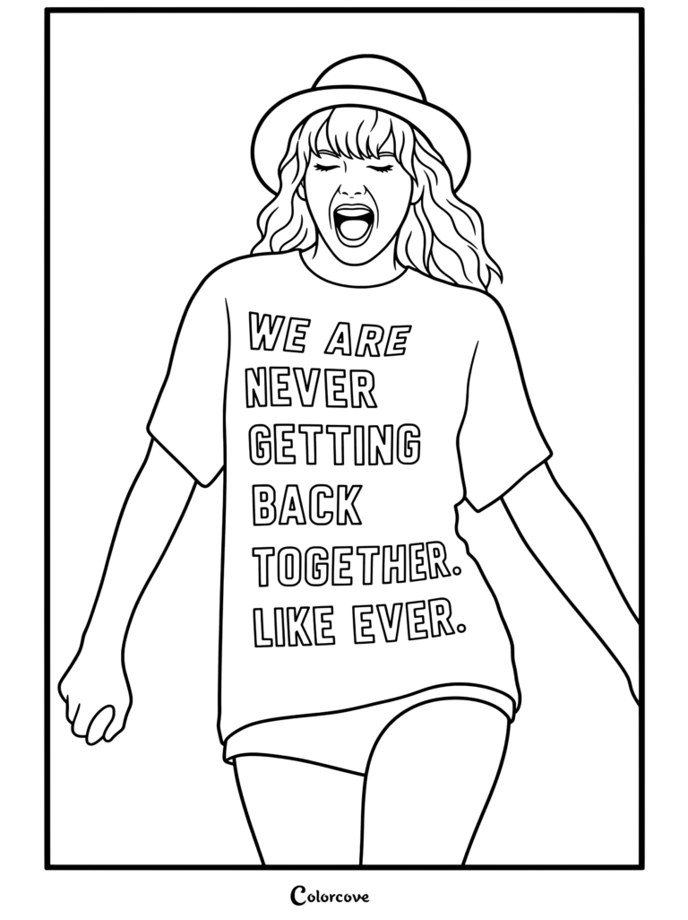 Dibujo para colorear de Taylor Swift cantando con energía en el escenario con un sombrero fedora y una camiseta de We Are Never Getting Back Together.