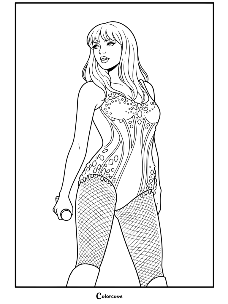 Dibujo para colorear de Taylor Swift cantando en el escenario con un body brillante con joyas y medias de red.