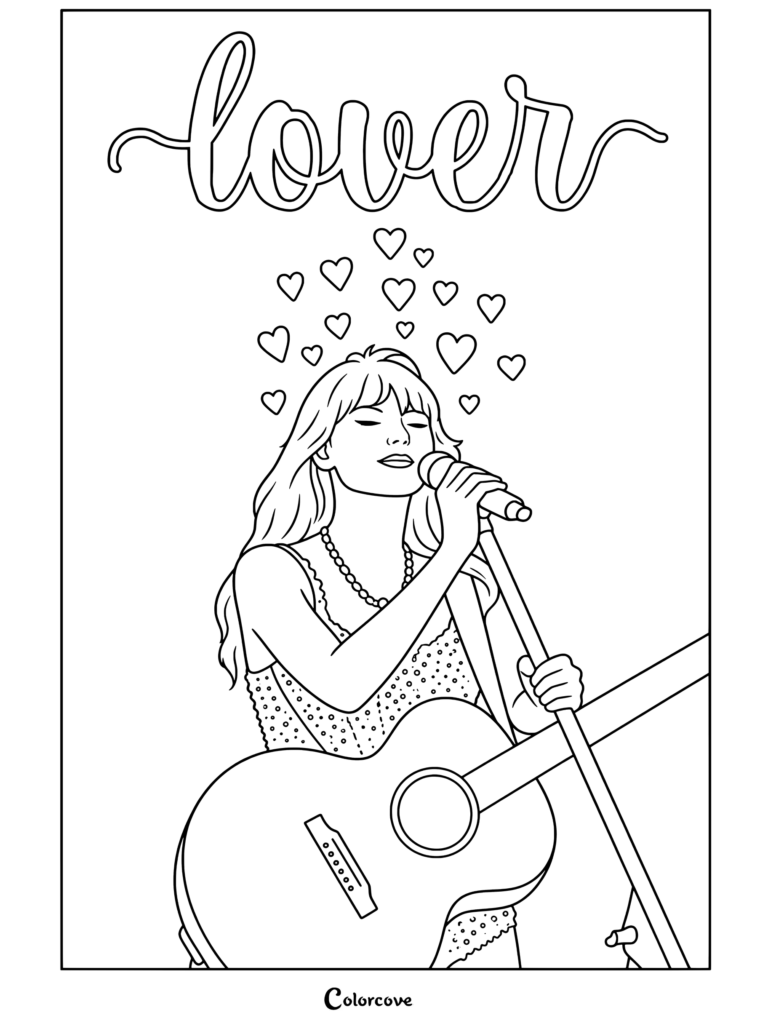 Dibujo para colorear de Taylor Swift cantando apasionadamente con los ojos cerrados, sosteniendo un micrófono, tocando una guitarra acústica morada clara y vistiendo un atuendo brillante