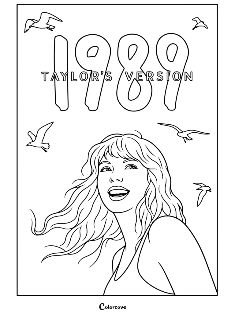 Dibujo para colorear 1989 Taylor's Version de Taylor Swift sonriendo felizmente con el cabello al viento bajo un cielo azul con gaviotas