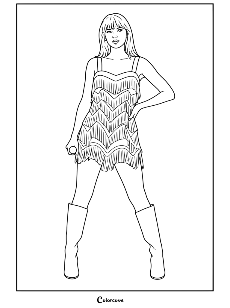 Dibujo para colorear de Taylor Swift de pie con confianza vistiendo un vestido de flecos dorados y botas brillantes mientras sostiene un micrófono