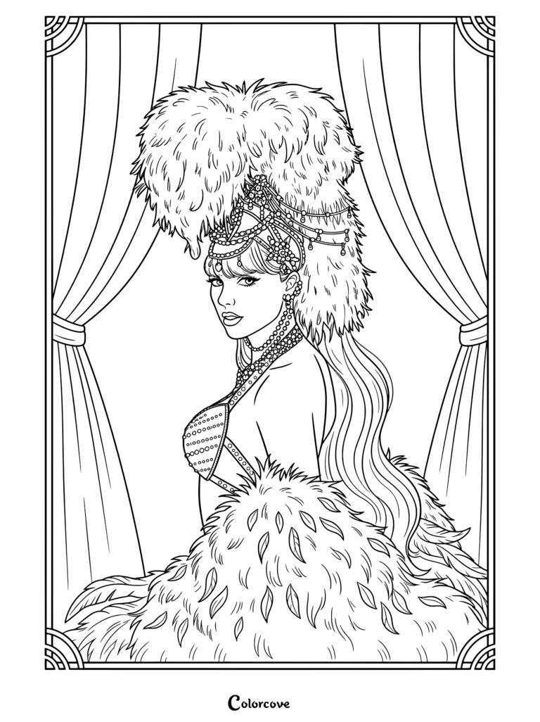 Dibujo para colorear de Taylor Swift con un estilo vintage en un traje rojo de corista con tocado de plumas y cortinas.