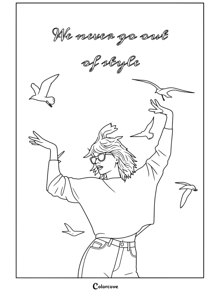 Dibujo para colorear de Taylor Swift con un suéter azul claro y gafas de sol, posando con gaviotas voladoras y el texto We Never Go Out of Style.