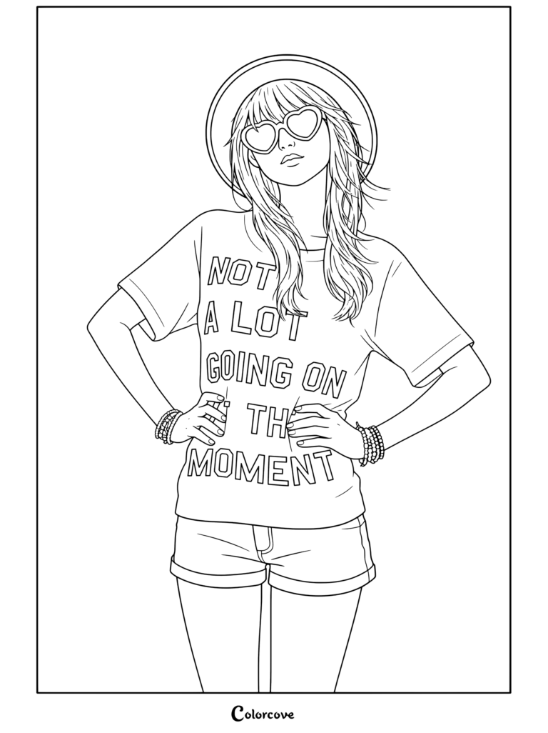Dibujo para colorear imprimible gratis de Taylor Swift usando una camisa con la frase Not A Lot Going On At The Moment, gafas de sol de corazón y un sombrero fedora negro.