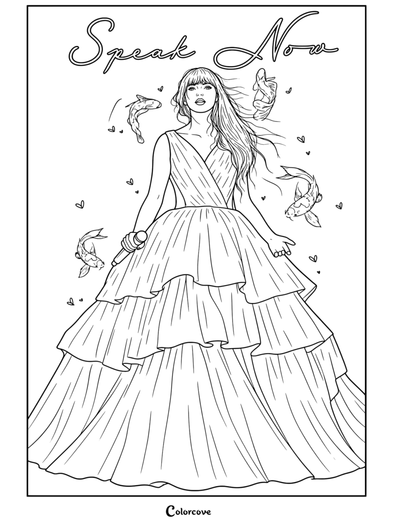 Dibujo para colorear de Taylor Swift en un vestido de gala morado de varios niveles sosteniendo un micrófono, rodeada de carpas koi nadando y corazones flotantes bajo el título de Speak Now.