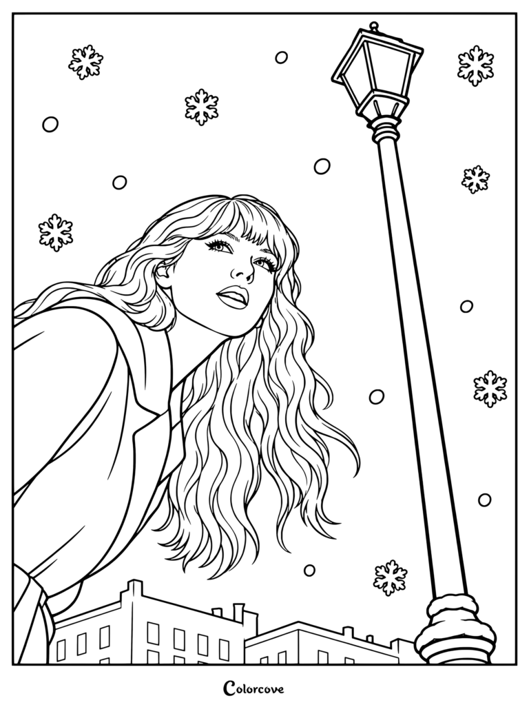 Página para colorear de Taylor Swift que la muestra mirando hacia arriba a una farola de invierno rodeada de copos de nieve que caen en la ciudad.
