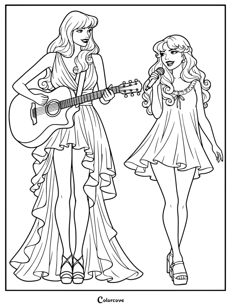 Dibujo para colorear de Taylor Swift y Sabrina Carpenter con Taylor tocando la guitarra y Sabrina cantando en un micrófono.