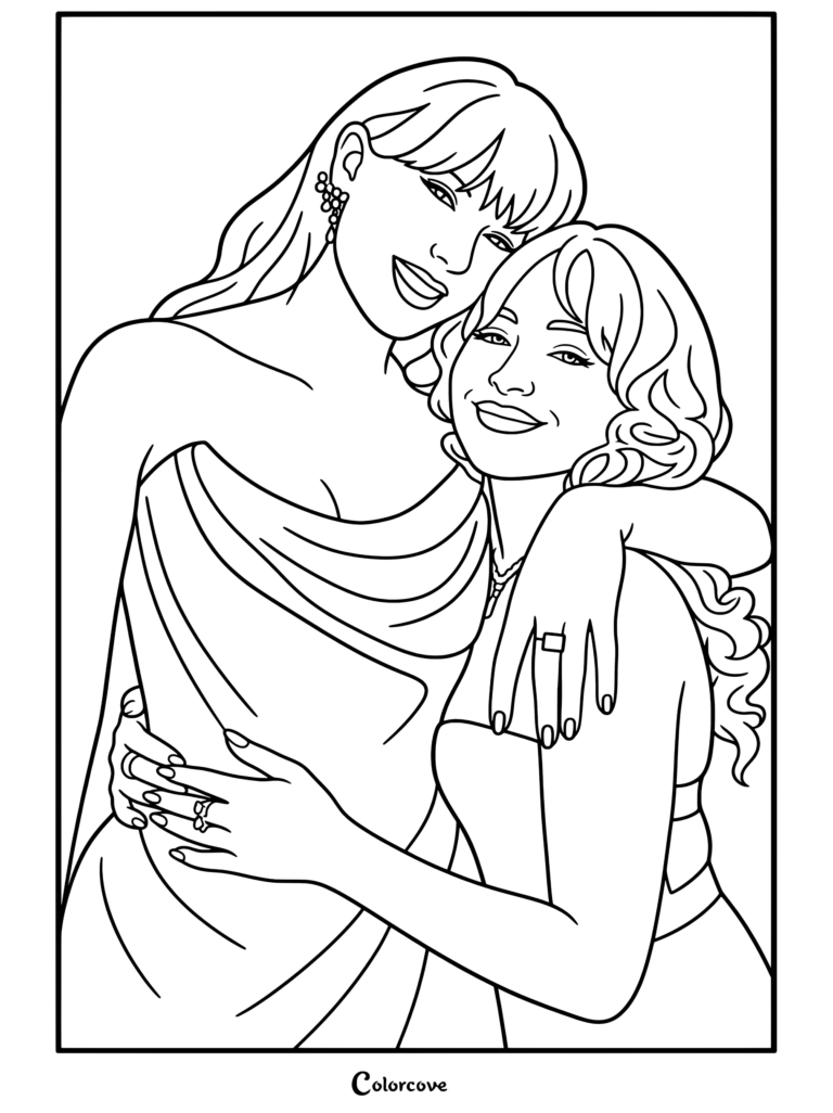 Dibujo para colorear imprimible de Taylor Swift y Sabrina Carpenter abrazándose y sonriendo en una entrega de premios
