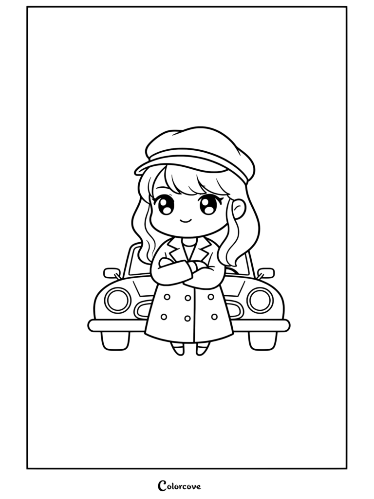 Dibujo para colorear de la era all too well de Taylor Swift como caricatura chibi con gabardina marrón y gorra frente a un coche rojo