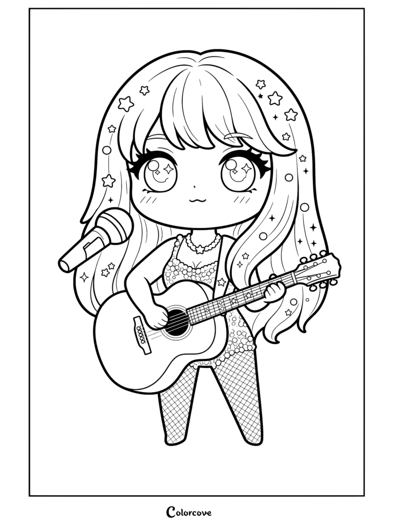 Dibujo para colorear estilo pegatina de Chibi Taylor Swift con un atuendo brillante y una guitarra acústica rosa.