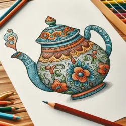 Coloring page of an intricate teapot design with floral patterns, surrounded by colored pencils. Perfect for adult coloring enthusiasts.