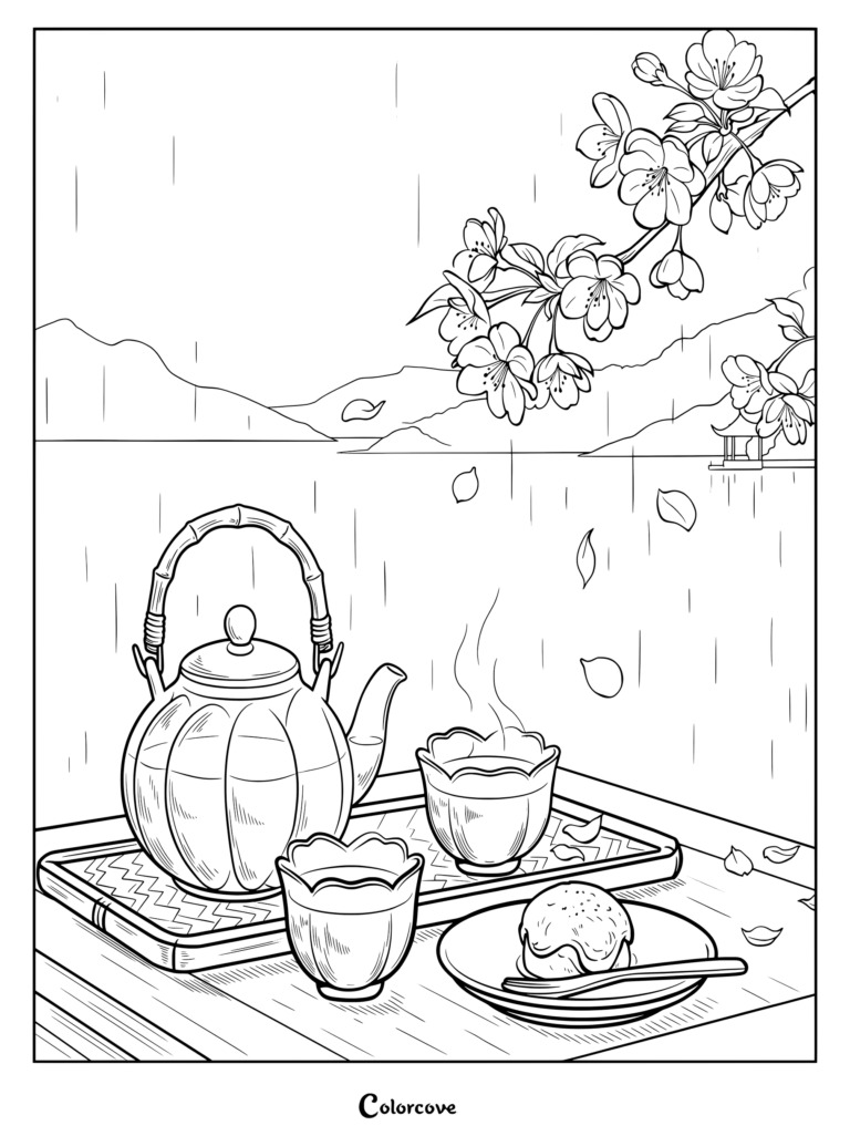 Tea service coloring page featuring a teapot, cups, and pastry near a window with cherry blossoms.