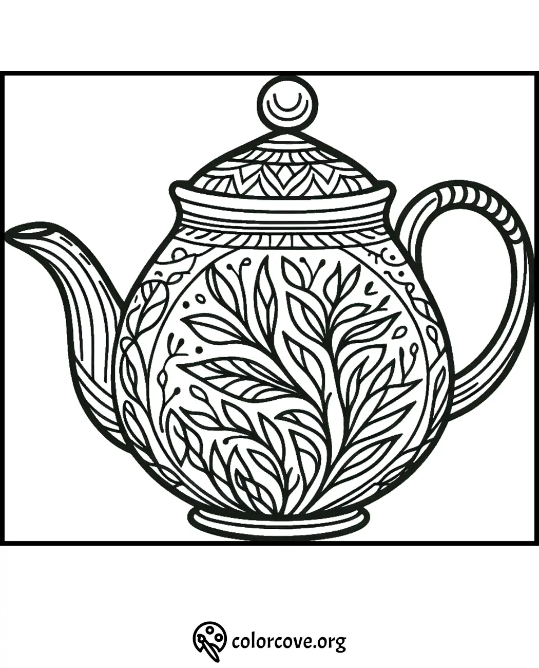 Printable teapot coloring page with intricate leaf designs, perfect for adults and kids. Download at colorcove.org.