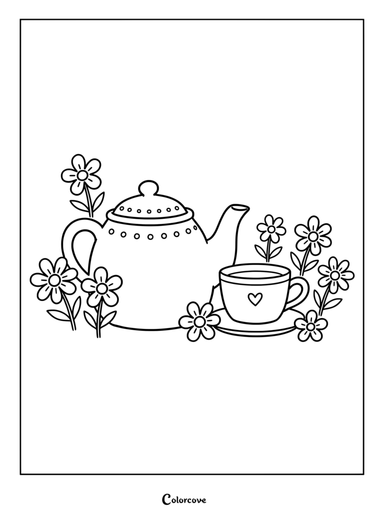 A printable tea coloring page featuring a decorative teapot and teacup surrounded by spring flowers.