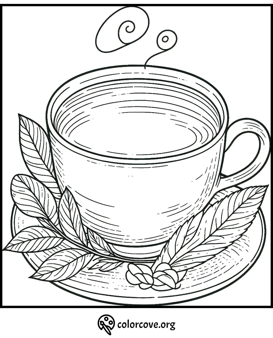 Coloring page of a steaming cup of coffee with decorative leaves on a saucer, perfect for relaxation and creativity.