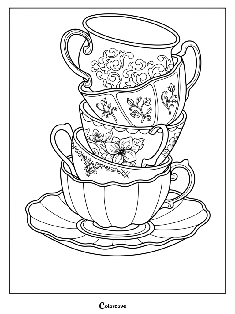 Stacked decorative teacups and saucer tea coloring page