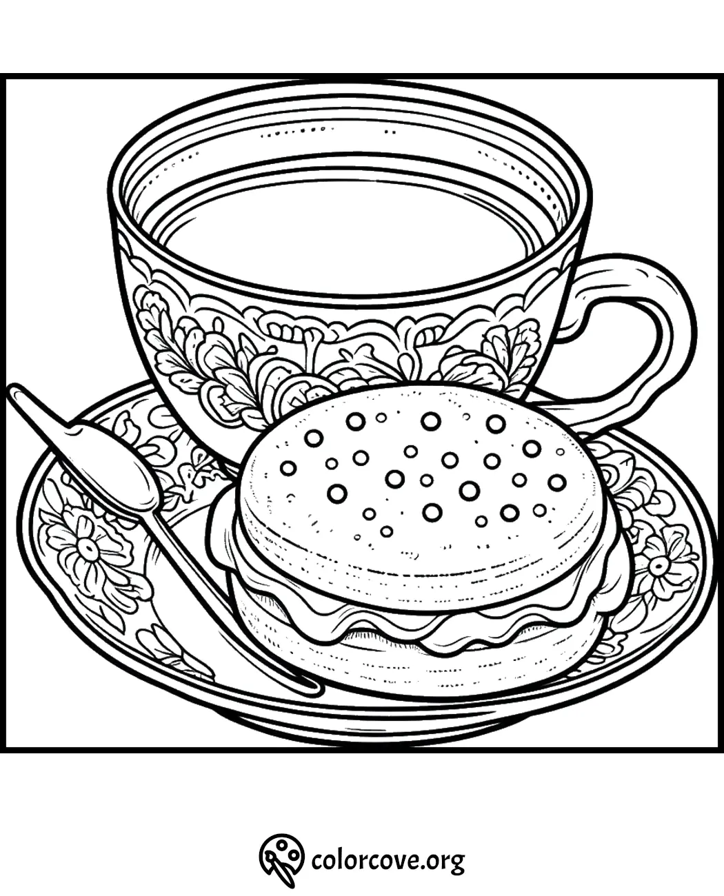 Detailed coloring page of a decorative teacup, saucer, and biscuit with icing. Perfect for relaxing, creative activity.