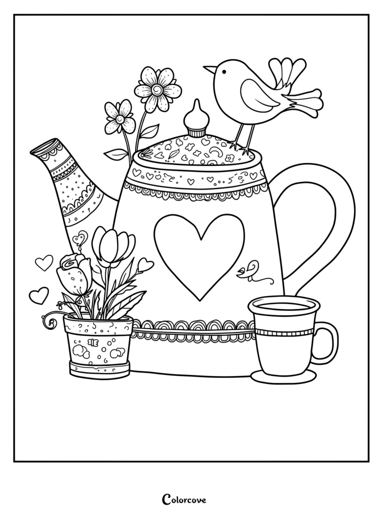 Printable tea coloring page featuring a patterned teapot with a heart, a perched bird, flowers, and a matching cup.
